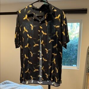 Zara Men's Black and Yellow Bird Print Shirt